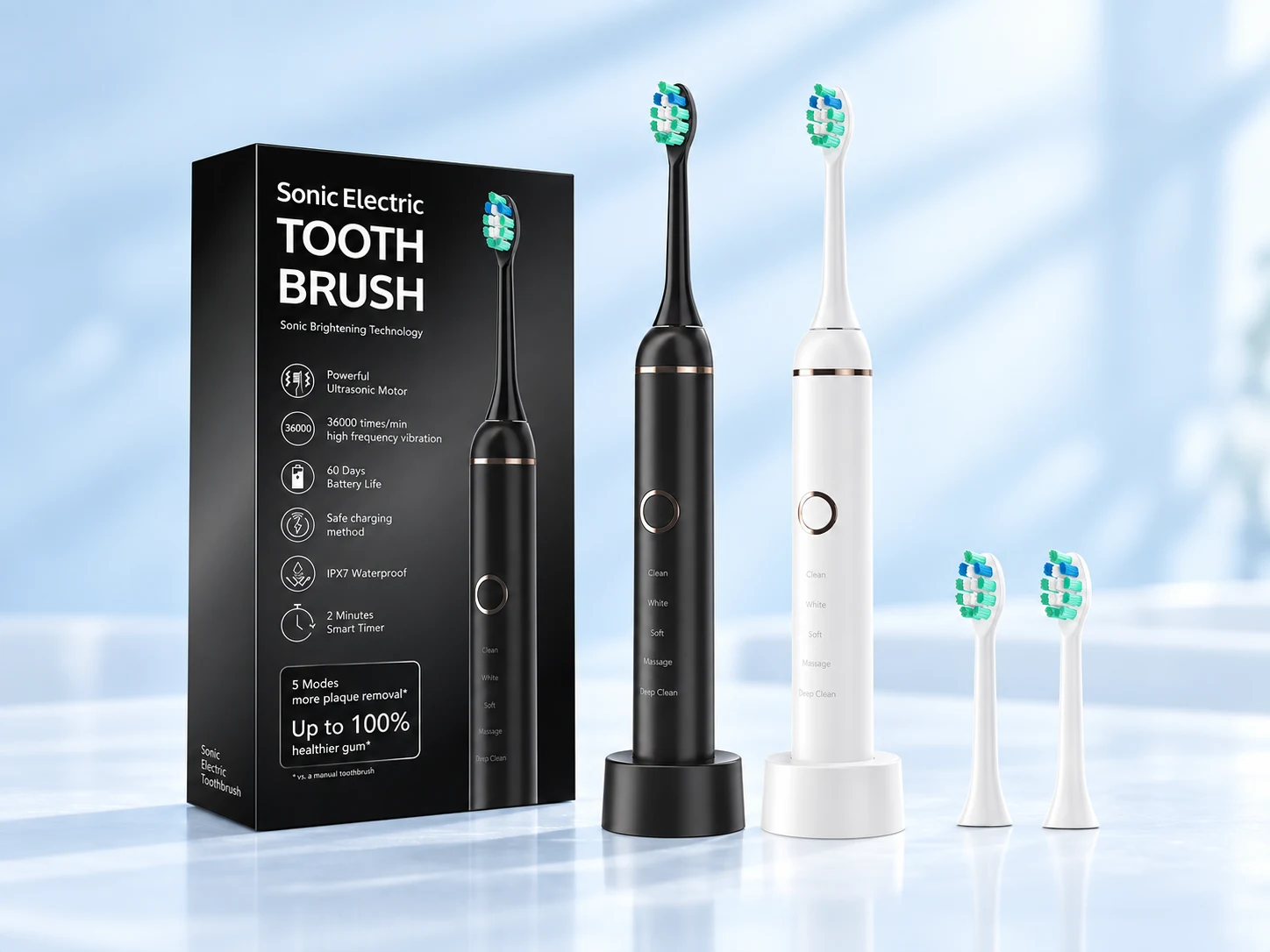 Complete BestClean BJ-T5B presentation with black box, black and white toothbrushes, and two spare brush heads