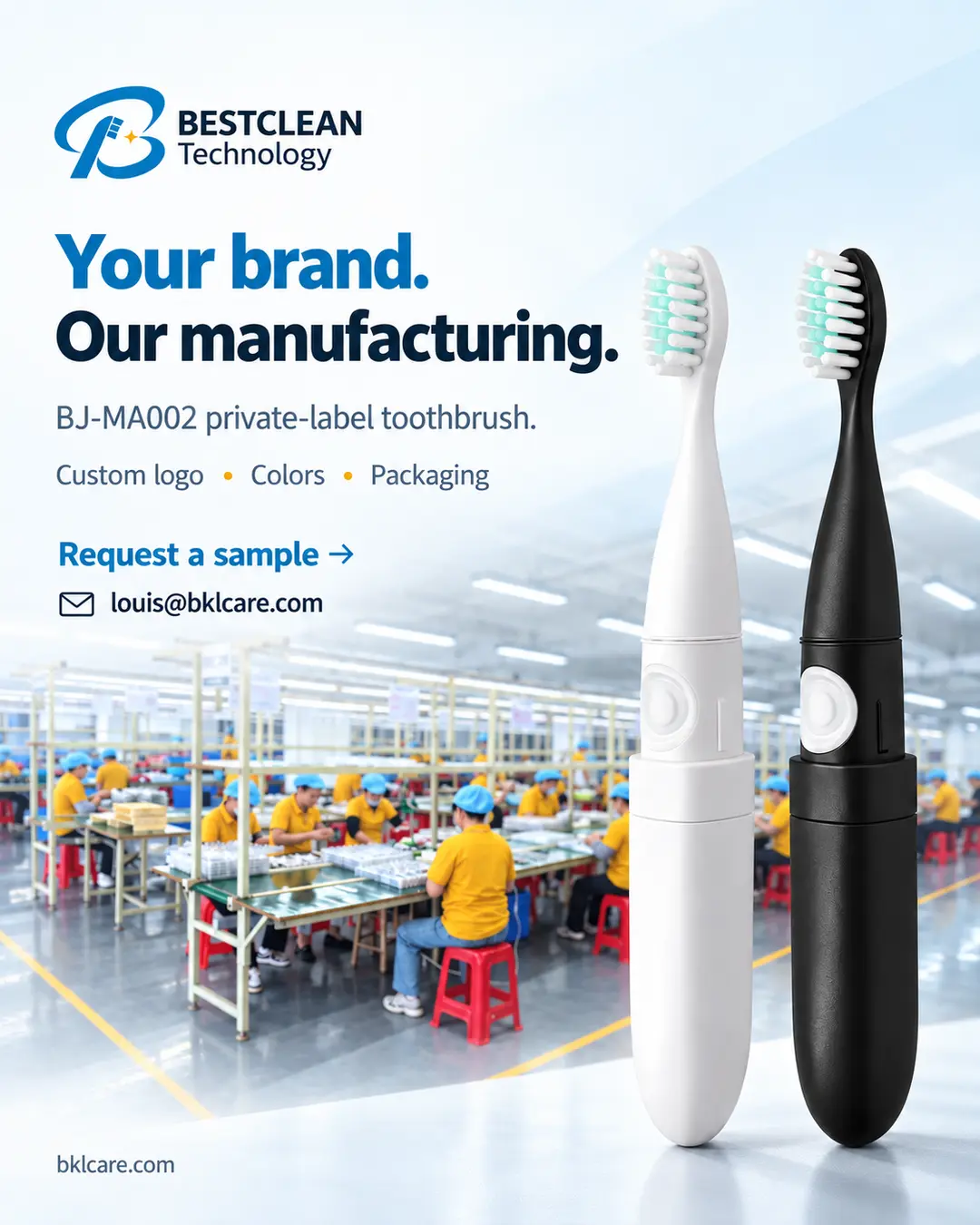 BESTCLEAN private-label toothbrush graphic showing black and white BJ-MA002 models over an assembly-line photograph.