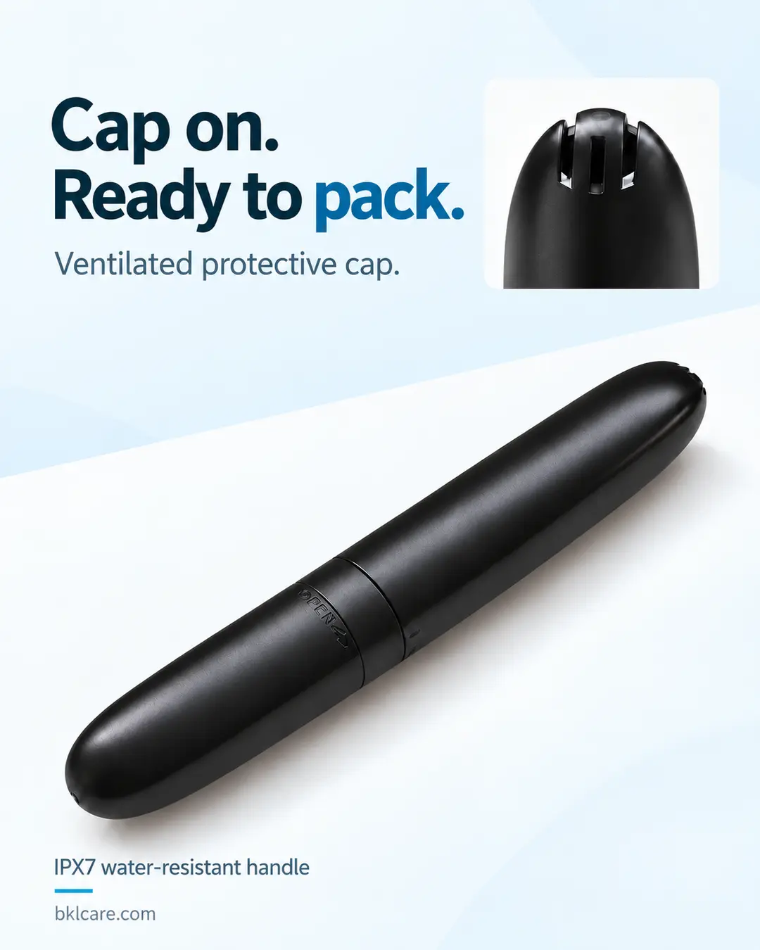 Capped black BJ-MA002 toothbrush with a close-up of the ventilation slots in its protective cap.